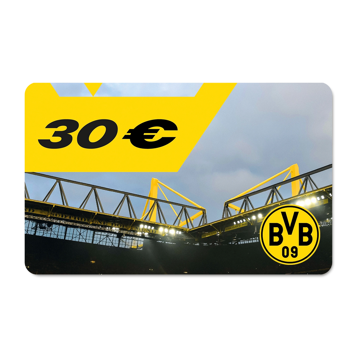 BVB-Geschenkgutschein im Wert von 30 Euro mit dem SIGNAL IDUNA PARK und BVB-Logo auf einer schwarzgelben Gestaltung.