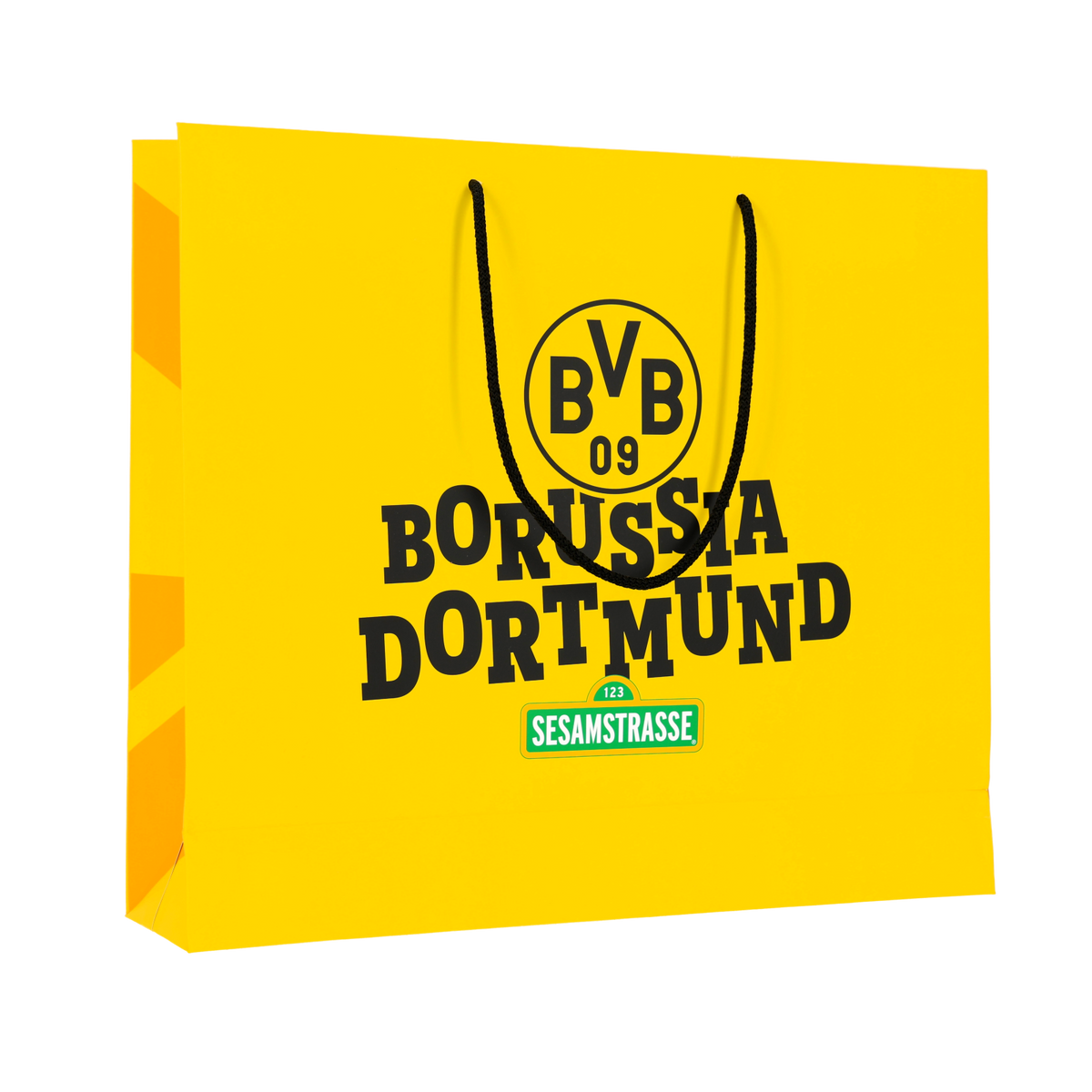 黄色多特蒙德（BVB）礼品袋，配有黑色BVB标志、多特蒙德（Borussia Dortmund）字样以及绿色《芝麻街》刺绣图案。