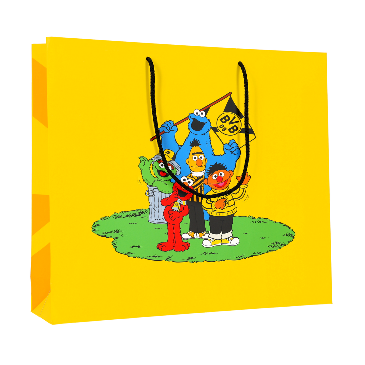 Yellow BVB gift bag with a Sesame Street design, featuring popular characters in black-and-yellow outfits—perfect for Borussia Dortmund fans.