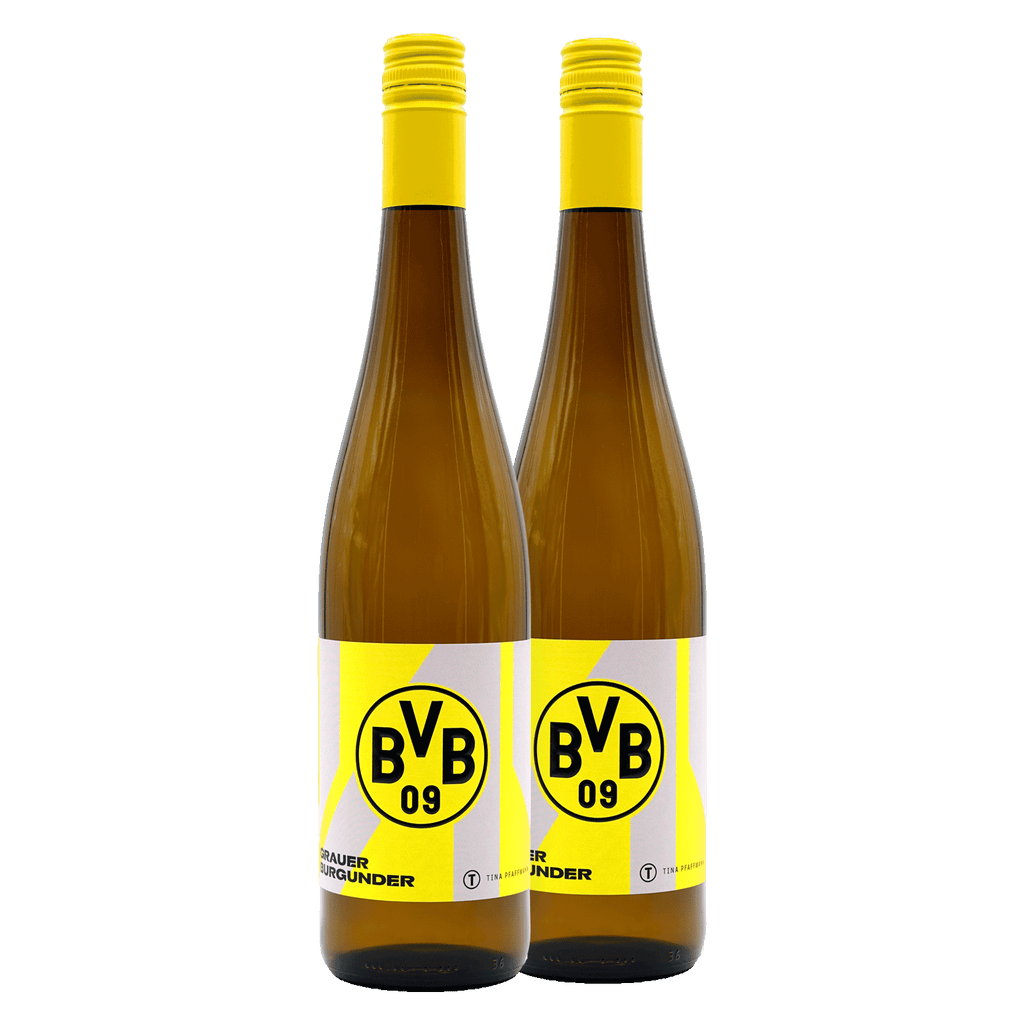 BVB Geschenkbox mit zwei Grauburgunder-Weinflaschen, gelbes Etikett mit schwarzem BVB 09-Logo, perfekt für Fans von Borussia Dortmund.