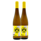 BVB Geschenkbox mit zwei Grauburgunder-Weinflaschen, gelbes Etikett mit schwarzem BVB 09-Logo, perfekt für Fans von Borussia Dortmund.