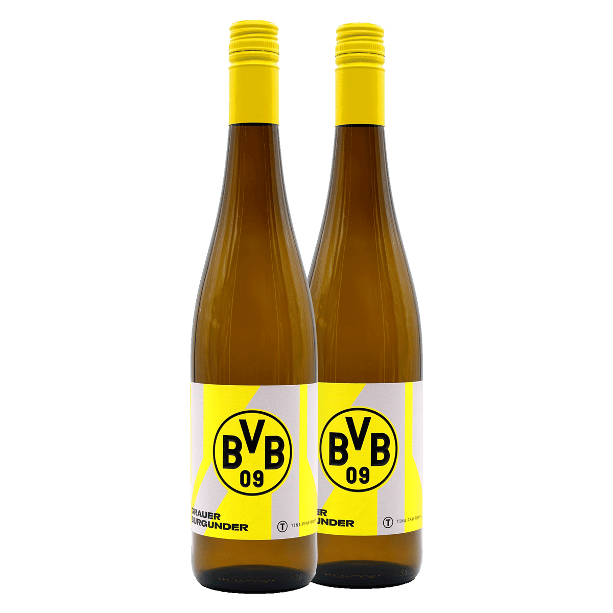 Confezione regalo del BVB con due bottiglie di Pinot grigio, etichetta gialla con il logo nero del BVB 09, perfetta per i tifosi del Borussia Dortmund.