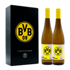 Die BVB Geschenkbox enthält zwei Flaschen Grauburgunder von Tina Pfaffmann in einer stilvollen schwarzgelben Verpackung mit prominentem BVB-Logo, perfekt für Fans von Borussia Dortmund.