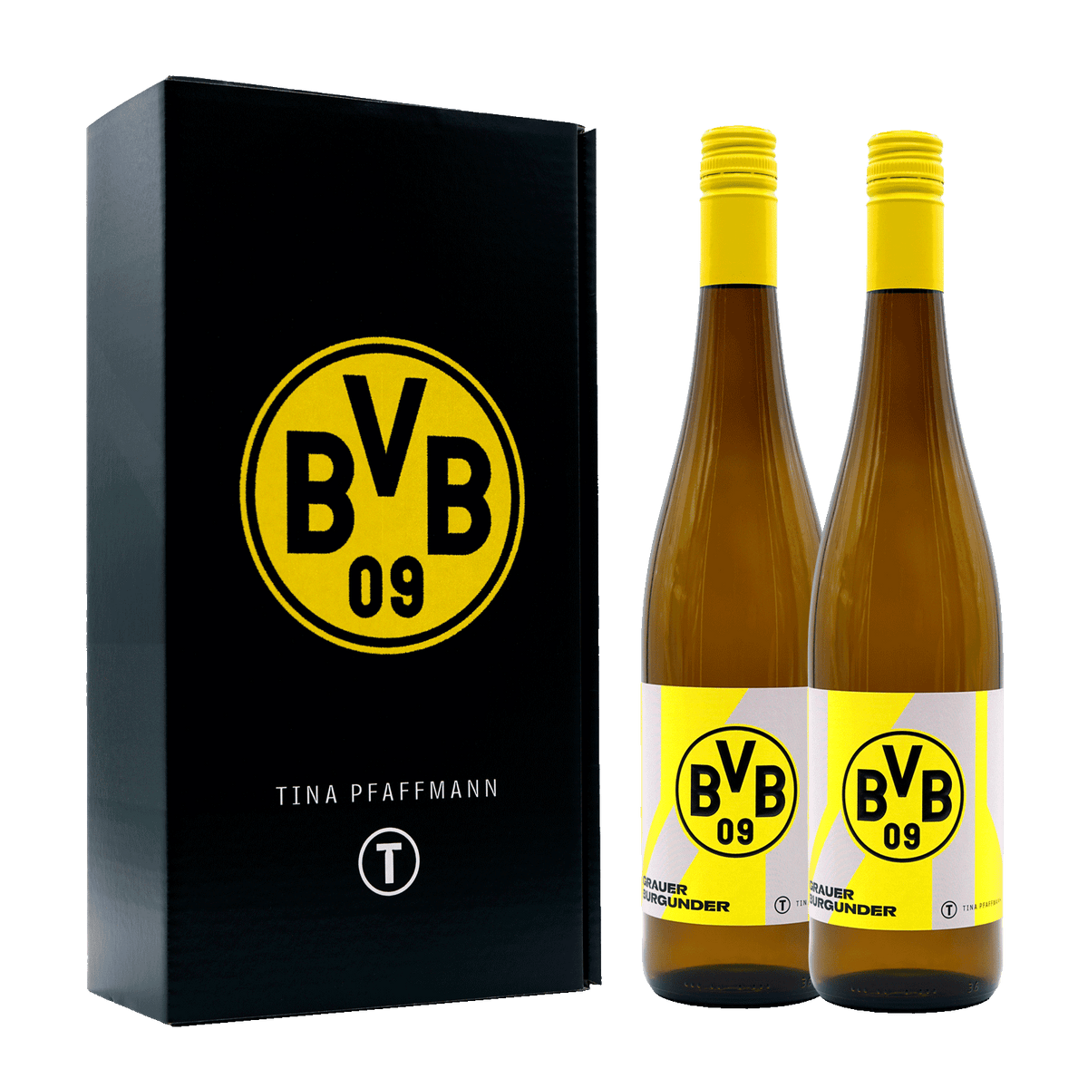 Il cofanetto regalo del BVB contiene due bottiglie di Pinot grigio di Tina Pfaffmann in un’elegante confezione nei colori nero e giallo con il logo del BVB ben in evidenza, perfetta per i tifosi del Borussia Dortmund.