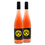 Zwei roséfarbene Weinflaschen in einer stilvollen BVB-Geschenkbox, mit prominentem schwarzgelbem BVB-Logo, ideal als Borussia Dortmund-Fanartikel oder Geschenk.