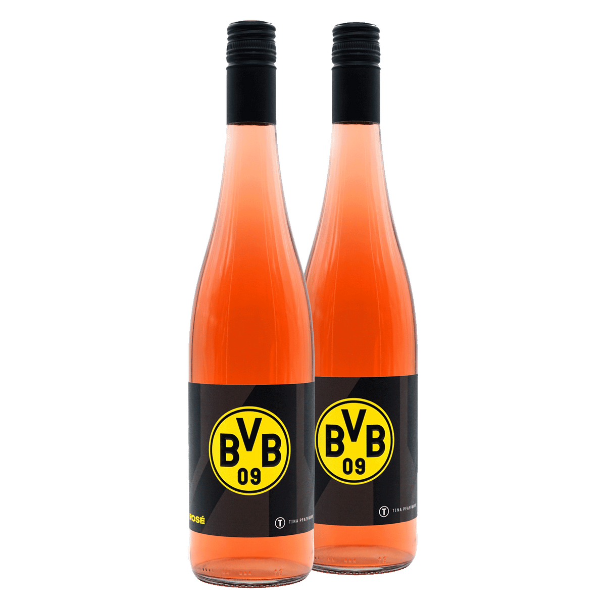 Zwei roséfarbene Weinflaschen in einer stilvollen BVB-Geschenkbox, mit prominentem schwarzgelbem BVB-Logo, ideal als Borussia Dortmund-Fanartikel oder Geschenk.