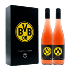 BVB Geschenkbox in schwarzgelbem Design mit zwei Flaschen Roséwein, verziert mit dem BVB-Logo und hergestellt von Tina Pfaffmann.