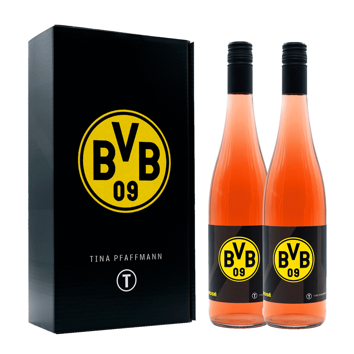 BVB Geschenkbox in schwarzgelbem Design mit zwei Flaschen Roséwein, verziert mit dem BVB-Logo und hergestellt von Tina Pfaffmann.