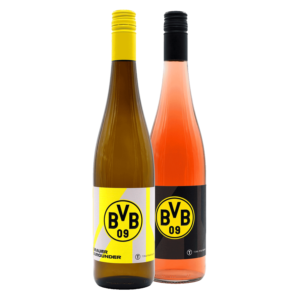 Confezione regalo del BVB con due bottiglie di vino, entrambe con design nero e giallo del BVB e logo della società.