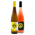 Confezione regalo del BVB con due bottiglie di vino, entrambe con design nero e giallo del BVB e logo della società.
