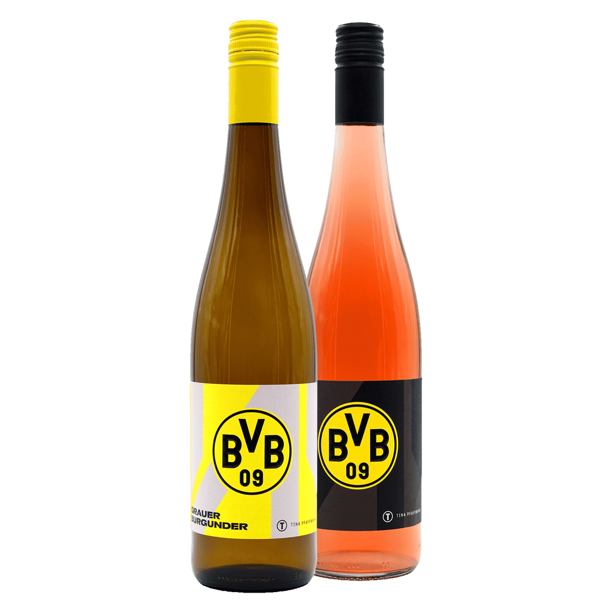 Confezione regalo del BVB con due bottiglie di vino, entrambe con design nero e giallo del BVB e logo della società.