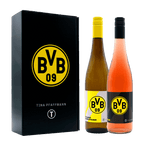 Esclusivo cofanetto regalo del BVB con due bottiglie di vino: un Pinot grigio e un rosato, realizzato nei colori nero e giallo con il logo BVB 09, ideale per i tifosi del Borussia Dortmund.