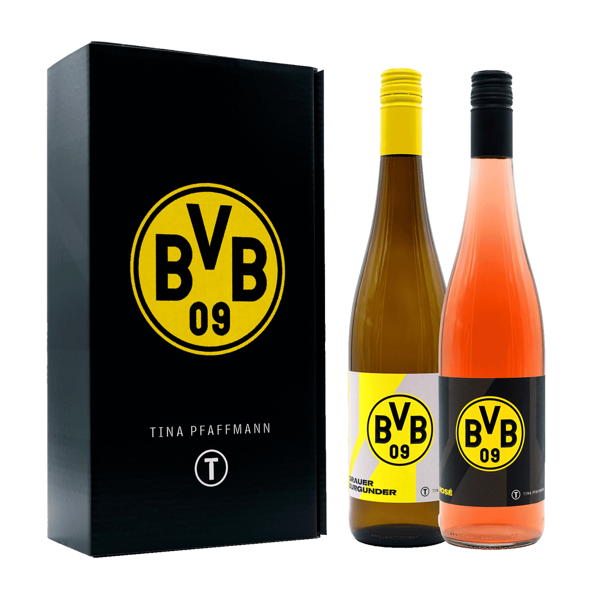 Exklusive BVB-Geschenkbox mit zwei Weinen: einem Grauburgunder und einem Roséwein, gestaltet in schwarzgelber Optik mit BVB 09-Logo, ideal für Borussia Dortmund Fans.