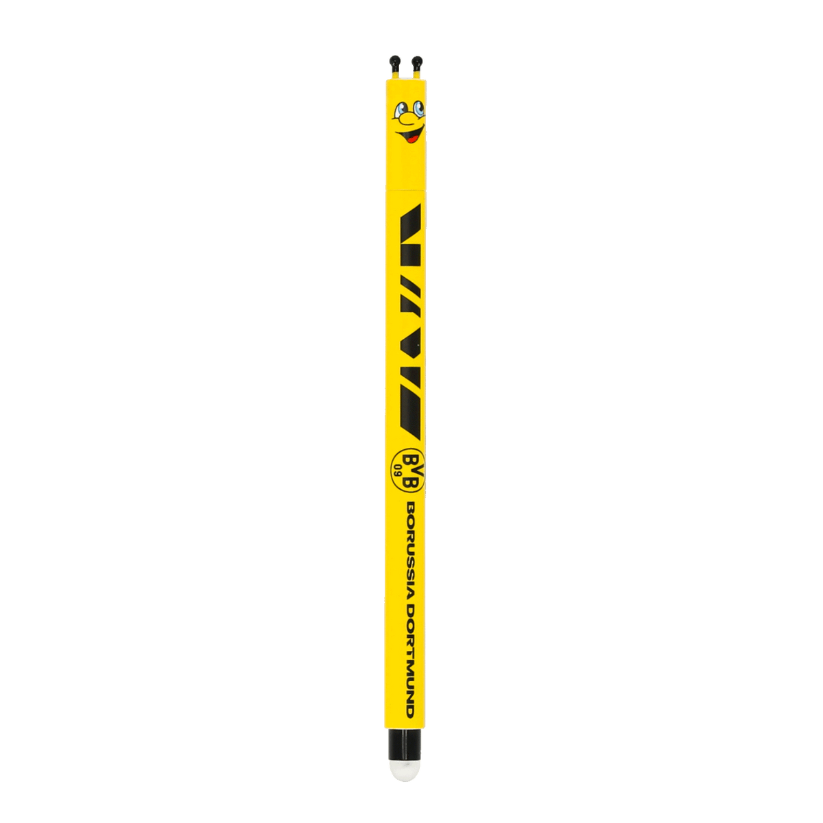 Radierbarer Gelstift im schwarzgelben BVB-Design mit EMMA-Motiv, BVB-Logo und Borussia Dortmund Schriftzug.