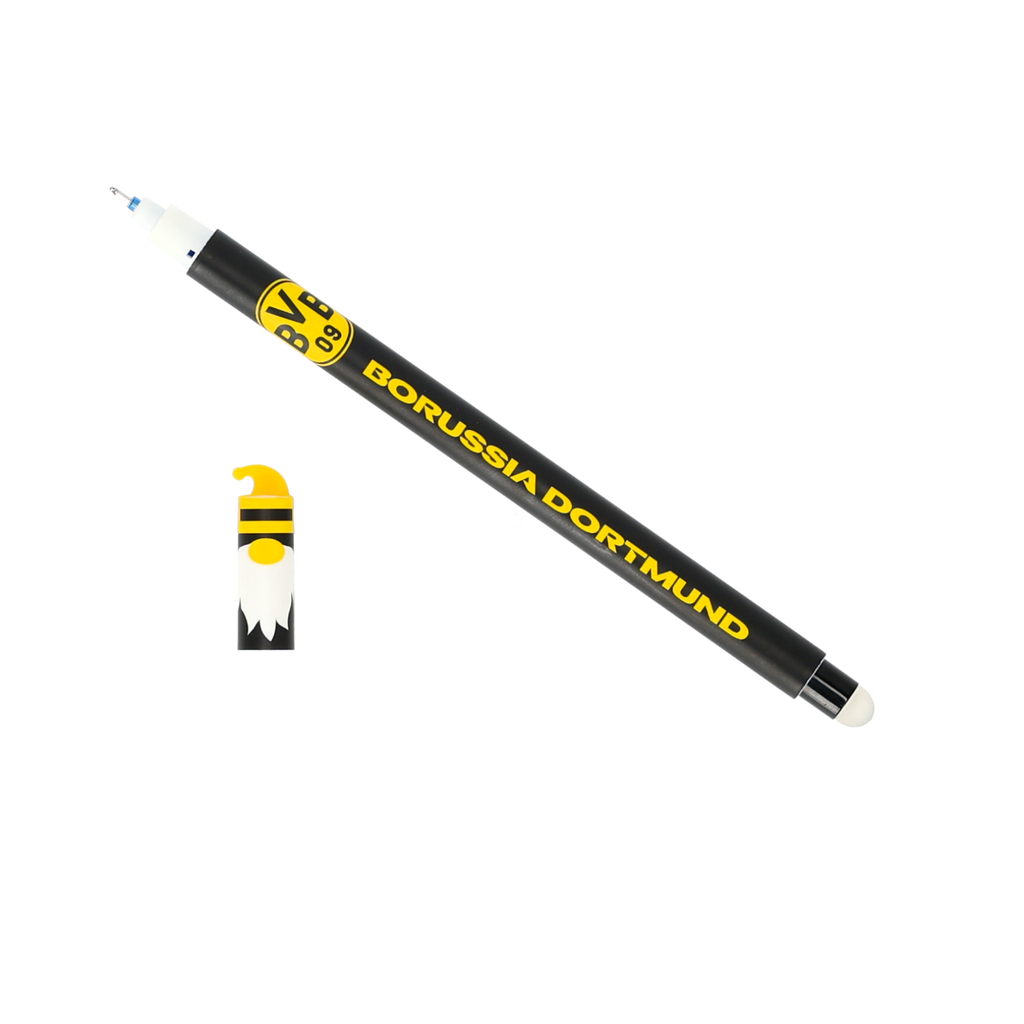 Stylo à gel effaçable noir orné du logo jaune du BVB, de l'inscription « Borussia Dortmund » et d'un motif représentant un lutin
