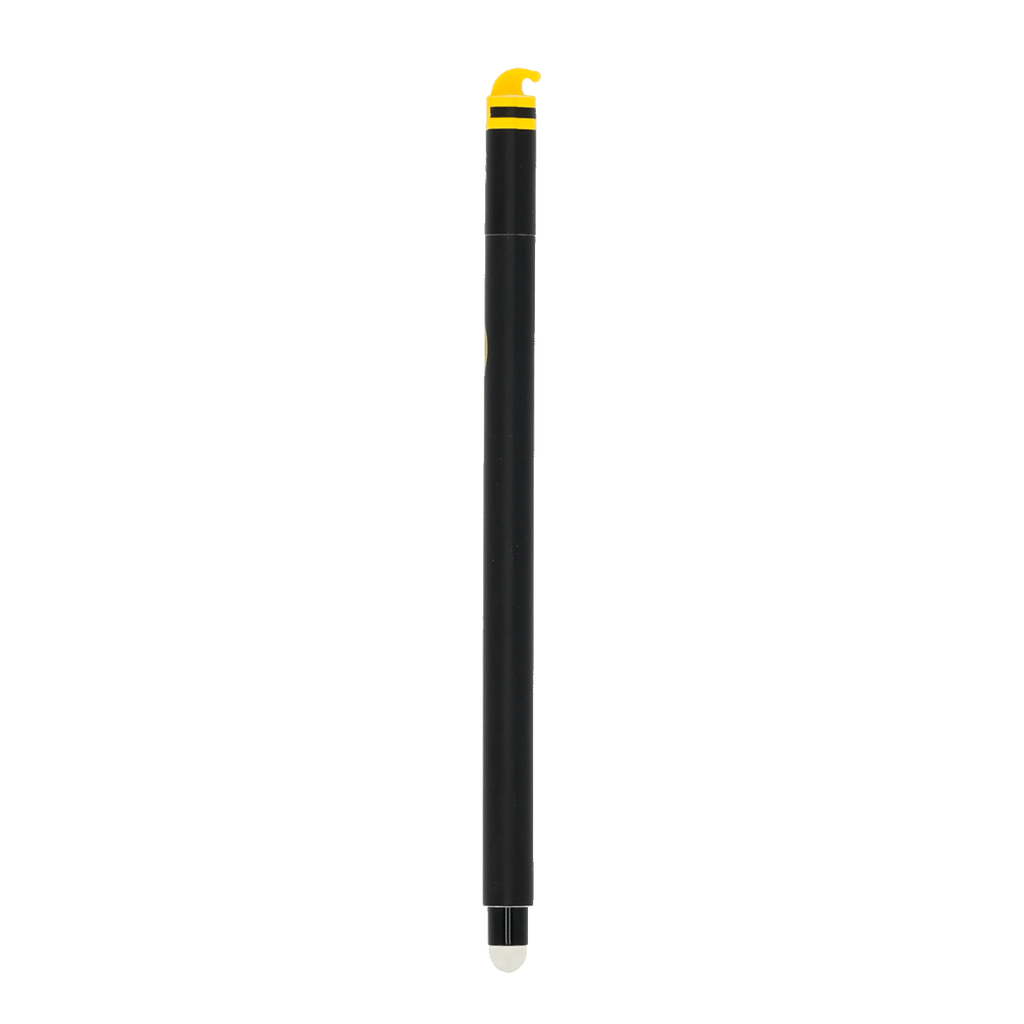 Un stylo gel noir du BVB avec des touches de jaune, une mine effaçable et un motif représentant un lutin, idéal pour les supporters du Borussia Dortmund.