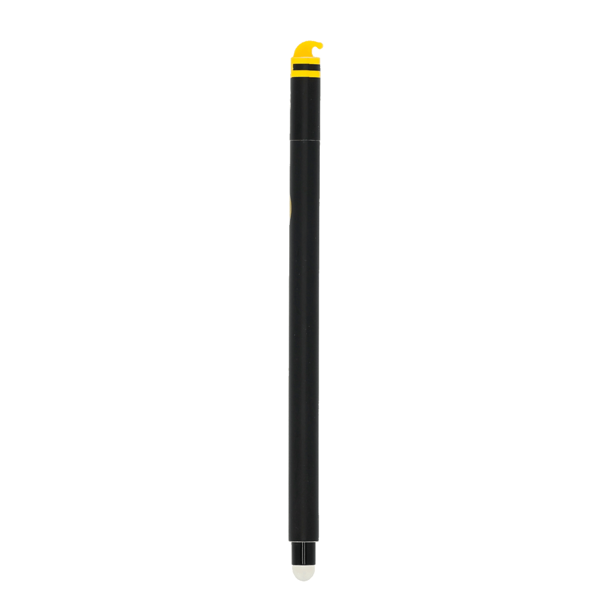 Un stylo gel noir du BVB avec des touches de jaune, une mine effaçable et un motif représentant un lutin, idéal pour les supporters du Borussia Dortmund.