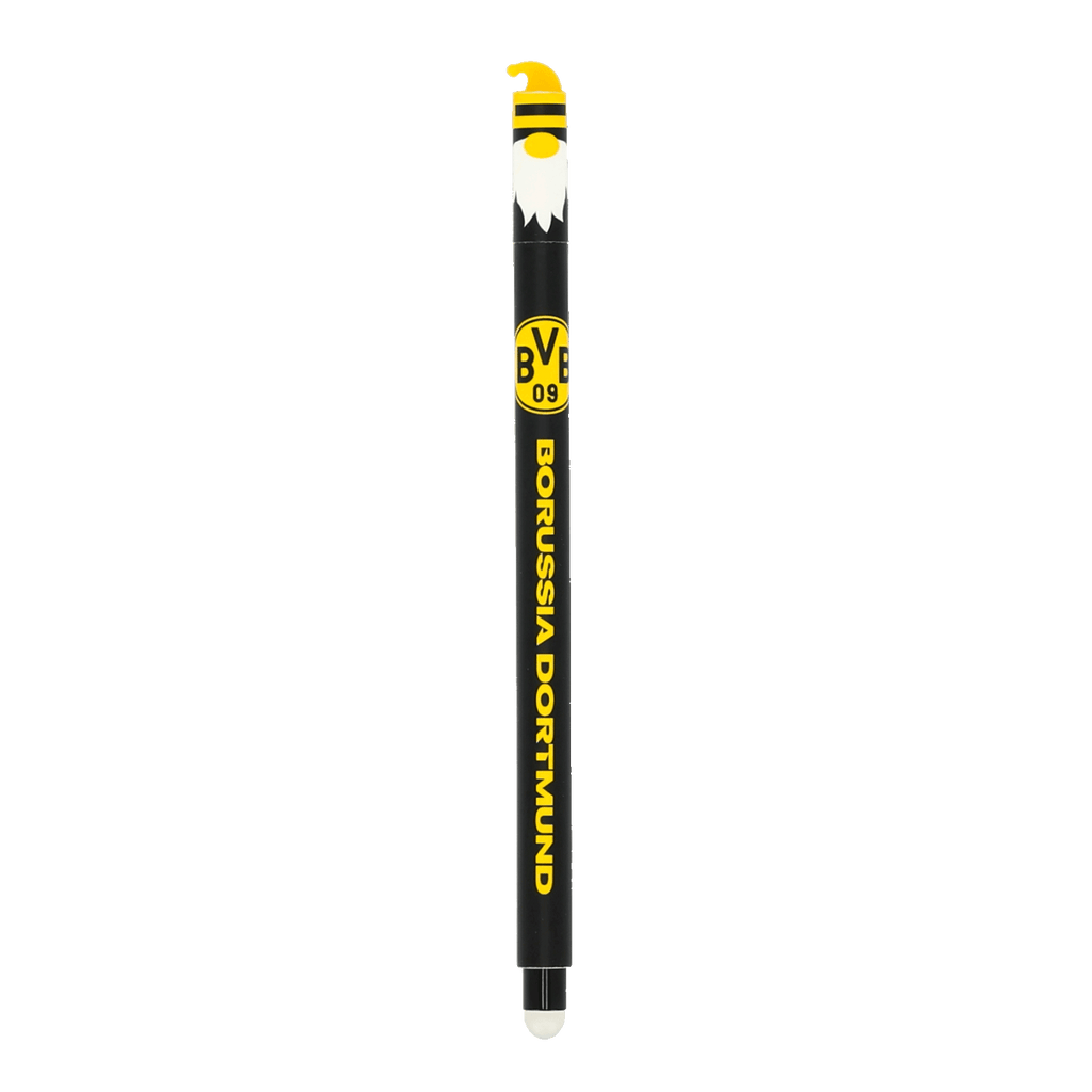 Stylo gel effaçable au motif « Wichtel » noir et jaune, orné du logo du Borussia Dortmund, idéal pour les supporters.