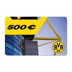 Bon d'achat jaune du BVB d'une valeur de 500 euros, représentant une vue partielle du SIGNAL IDUNA PARK et le logo du BVB 09.