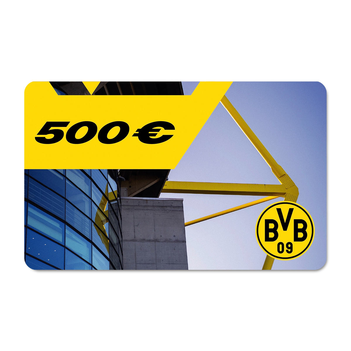 Gelber BVB-Gutschein im Wert von 500 Euro, abgebildet mit Teilansicht des SIGNAL IDUNA PARK und BVB 09 Logo.