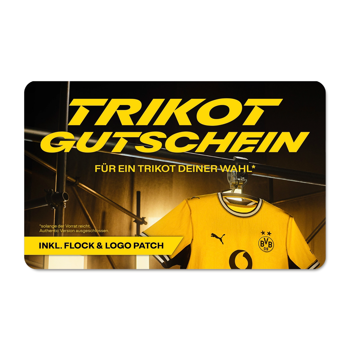 Trikotgutschein von Borussia Dortmund für ein gelbes BVB-Trikot mit Flock und Logo-Patch. Ideal als Geschenk für Fußballfans.