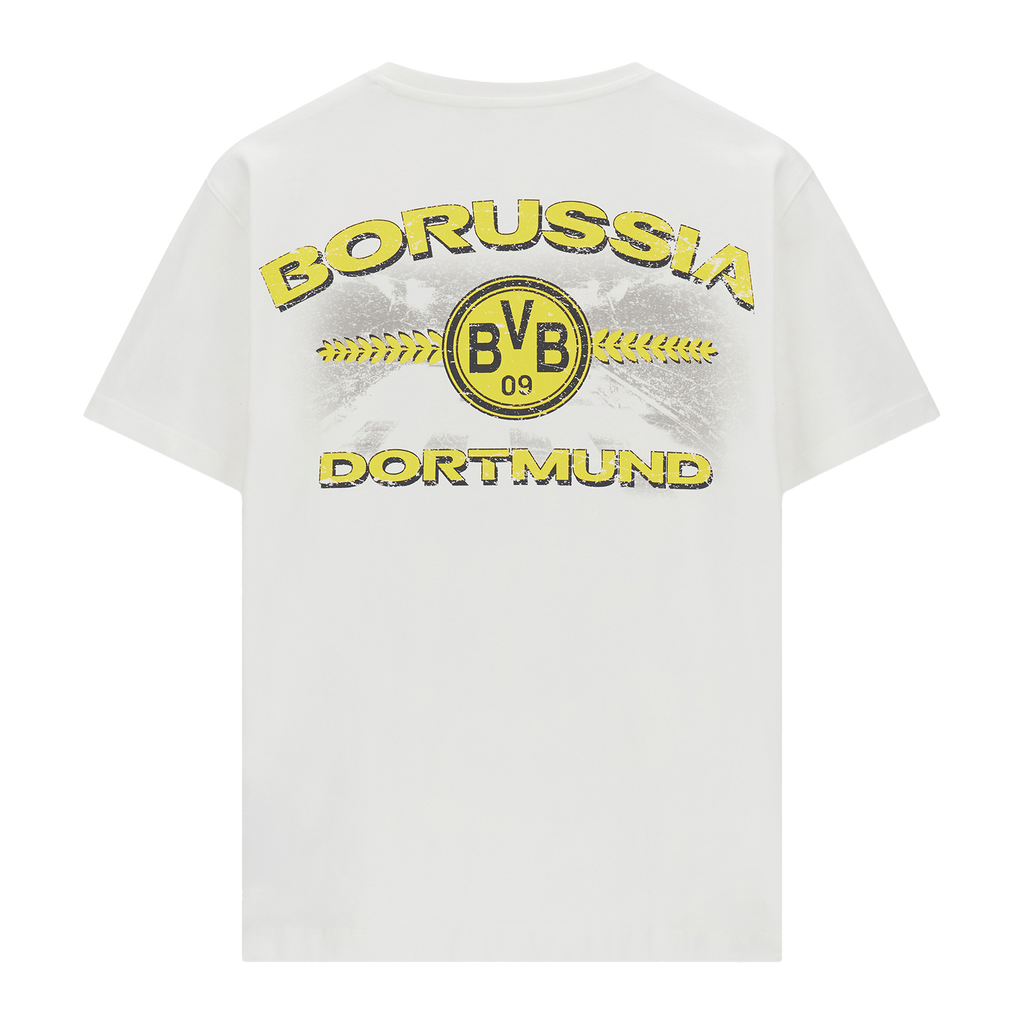 Vista posteriore di una maglietta bianca del BVB con il logo del Borussia Dortmund nei colori nero e giallo, ideale per i tifosi.