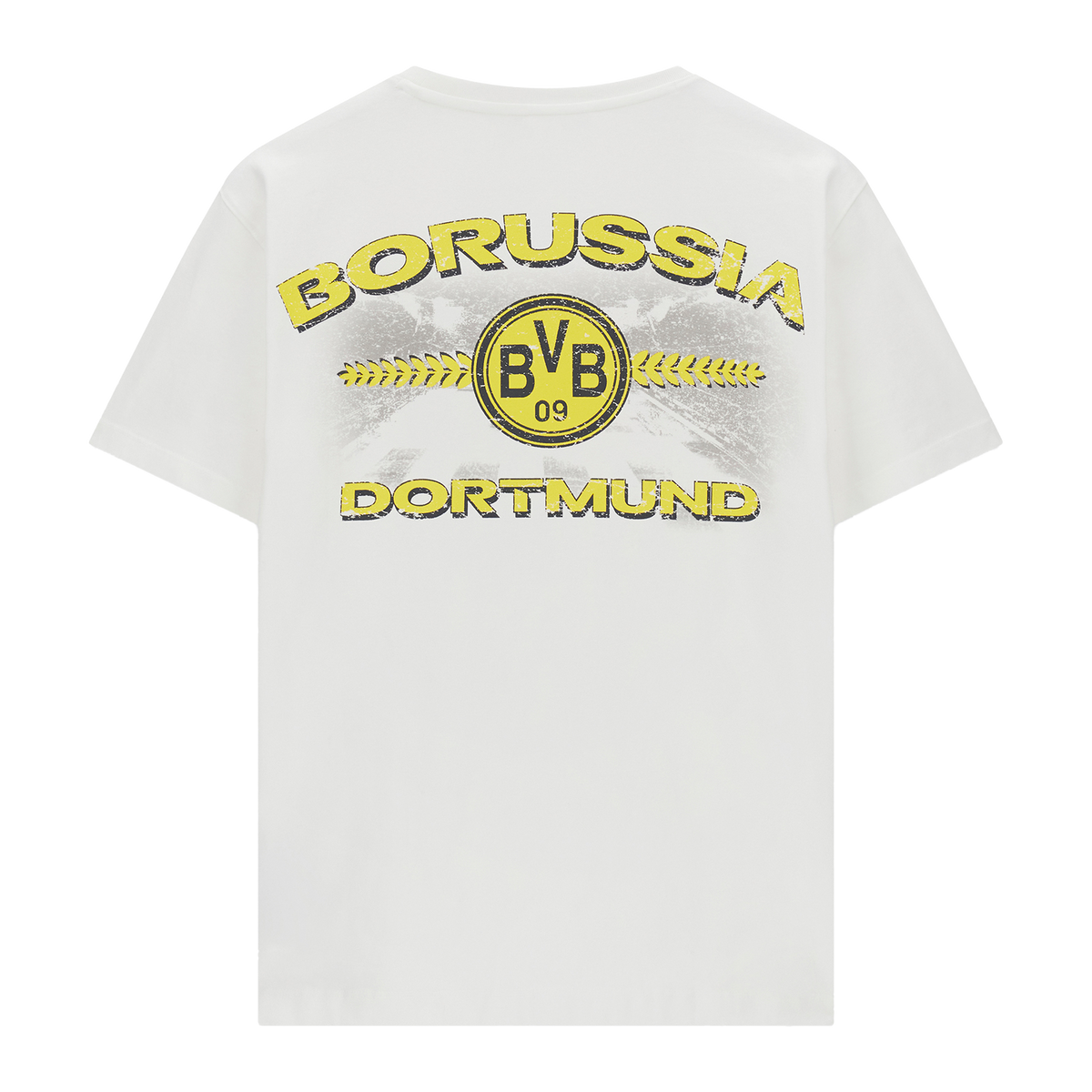 Vista posteriore di una maglietta bianca del BVB con il logo del Borussia Dortmund nei colori nero e giallo, ideale per i tifosi.