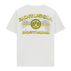 Rear view of a white BVB T-shirt featuring the Borussia Dortmund logo in black and yellow—perfect for fans.