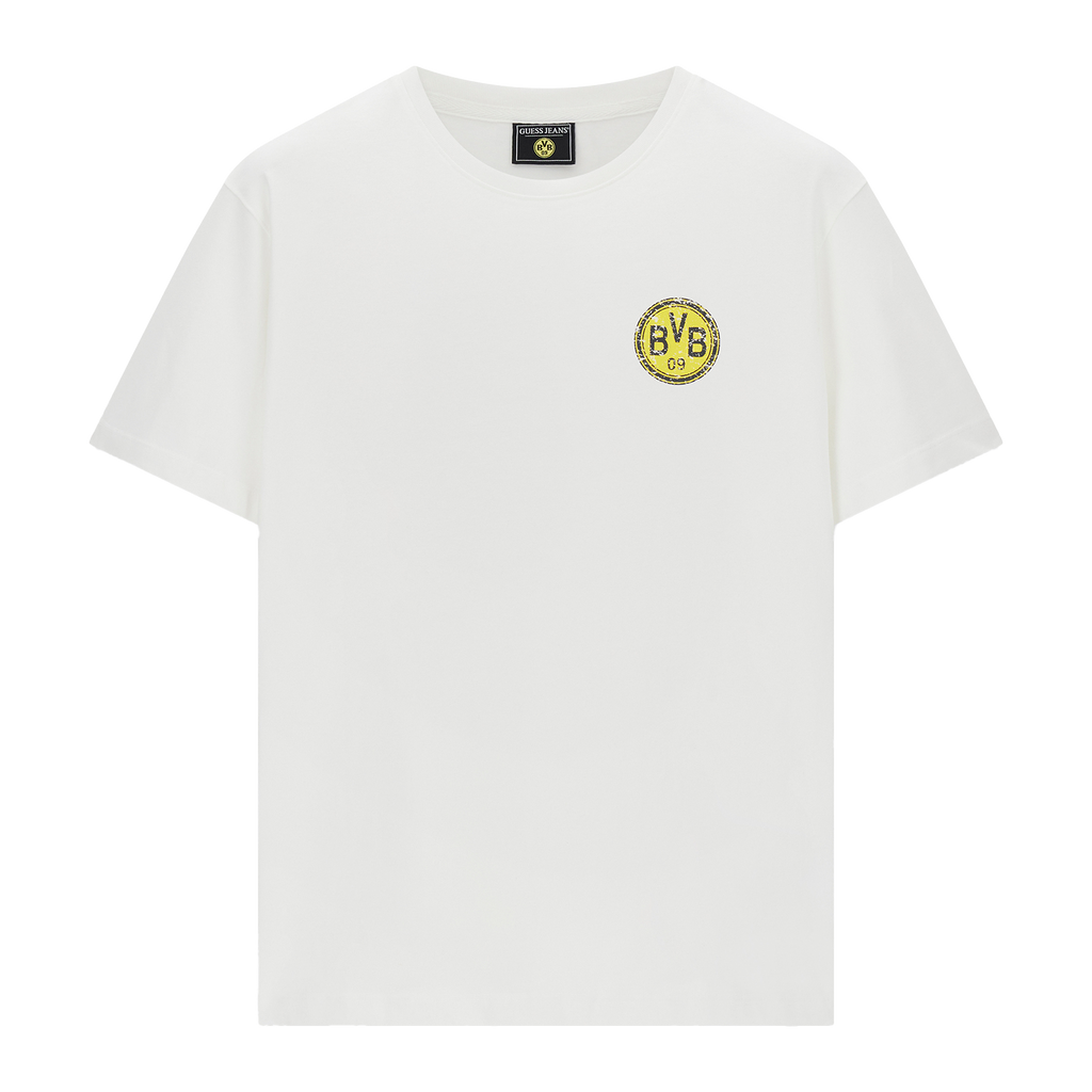 White T-shirt with a small black-and-yellow BVB logo on the chest, front view.