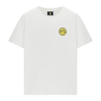 White T-shirt with a small black-and-yellow BVB logo on the chest, front view.