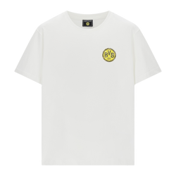 Weißes T-Shirt mit kleinem schwarzgelbem BVB-Logo auf der Brust, Vorderansicht.
