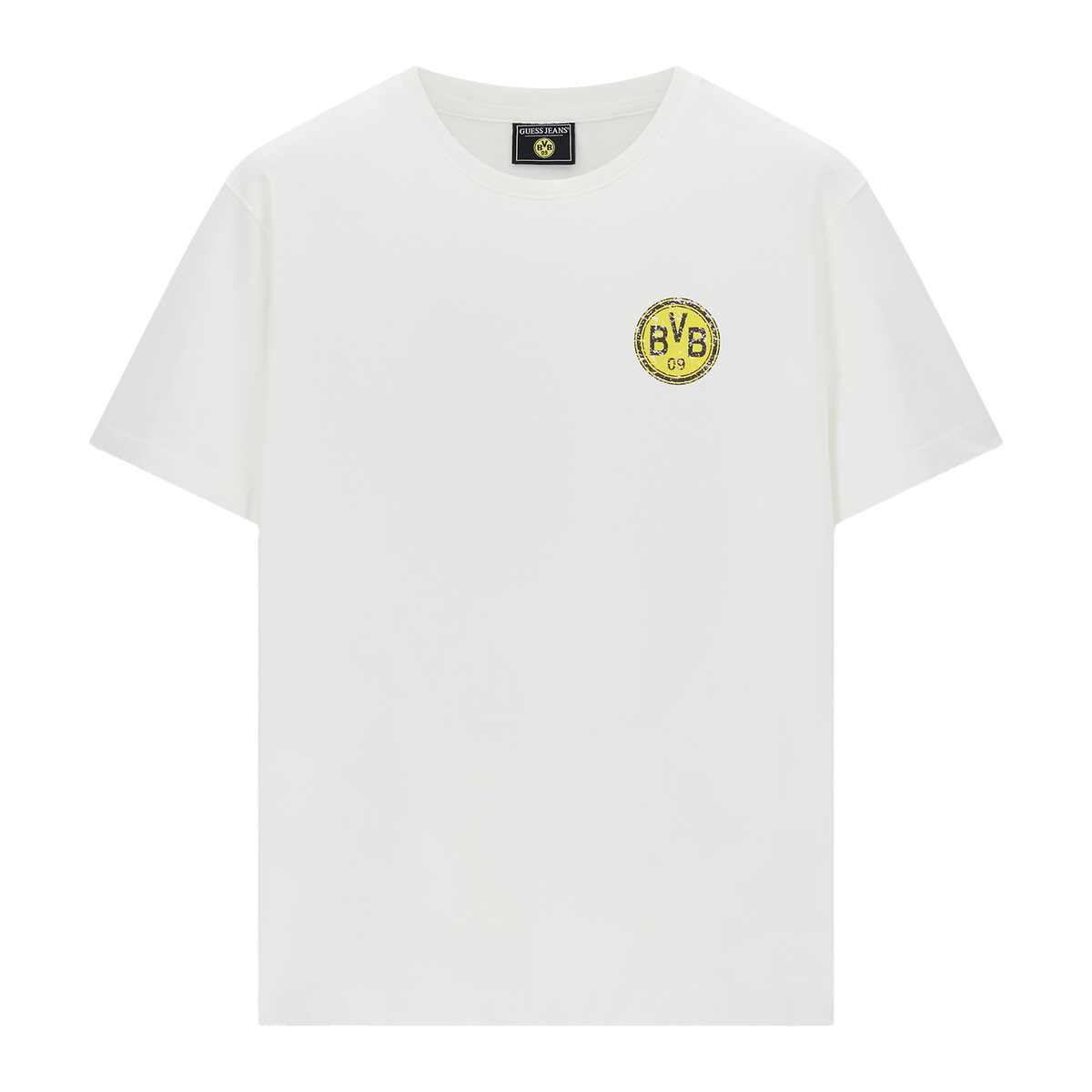 Weißes T-Shirt mit kleinem schwarzgelbem BVB-Logo auf der Brust, Vorderansicht.