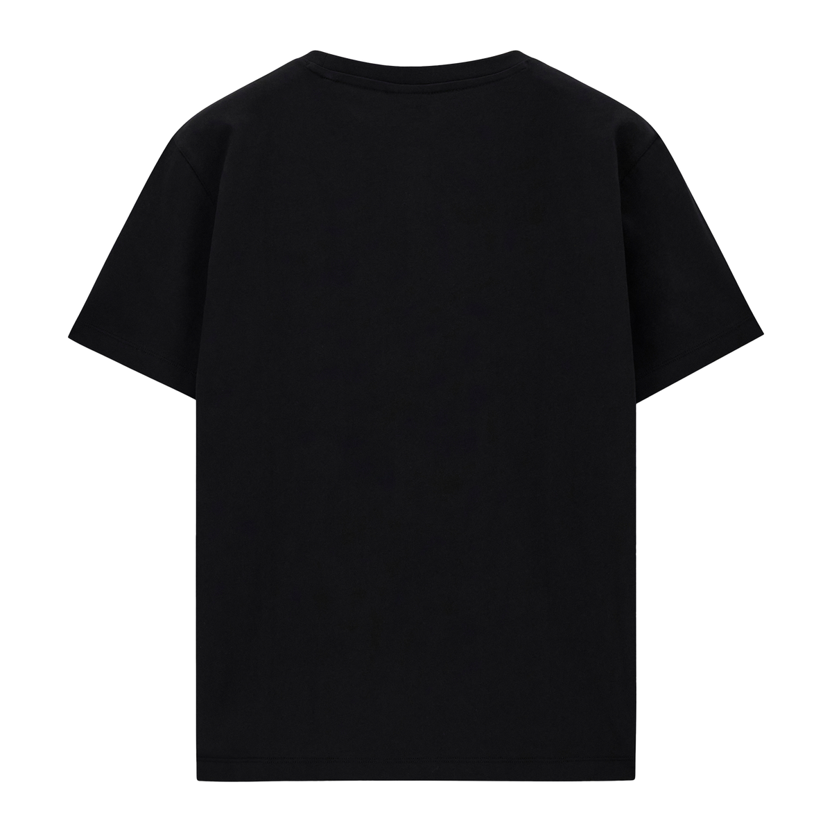 Schlichte Rückansicht eines schwarzen T-Shirts, minimalistisch gestaltet und ohne Muster.