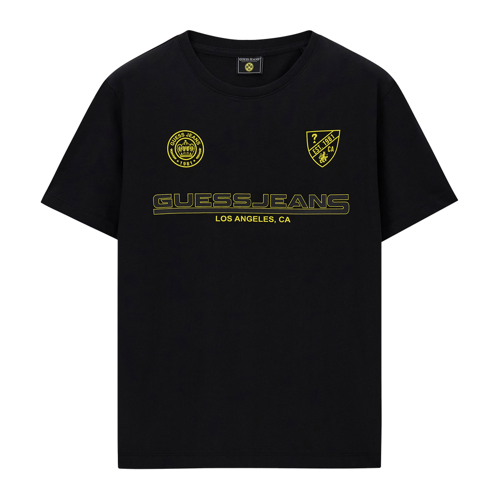 Schwarzes Guess Jeans T-Shirt mit gelben Logos und Schriftzug, Design mit Rundhals und Kurzarm, geeignet für Casual Herrenmode.