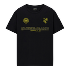 Schwarzes Guess Jeans T-Shirt mit gelben Logos und Schriftzug, Design mit Rundhals und Kurzarm, geeignet für Casual Herrenmode.