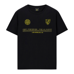 T-shirt noir Guess Jeans avec logos et inscription jaunes, col rond et manches courtes, idéal pour un look décontracté masculin.