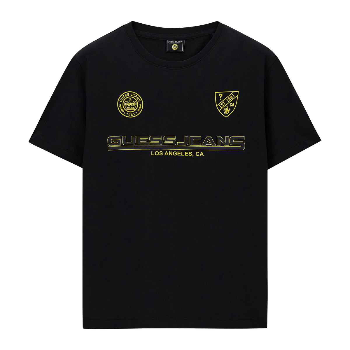 Schwarzes Guess Jeans T-Shirt mit gelben Logos und Schriftzug, Design mit Rundhals und Kurzarm, geeignet für Casual Herrenmode.