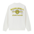 Pull BVB blanc orné d'un grand logo noir et jaune du Borussia Dortmund et de l'emblème du BVB dans le dos, vue de dos.