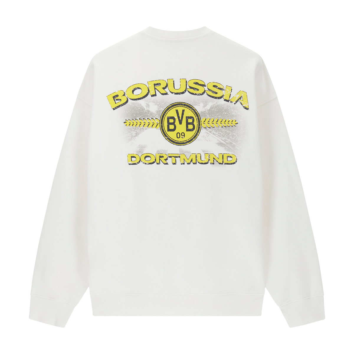 Pull BVB blanc orné d'un grand logo noir et jaune du Borussia Dortmund et de l'emblème du BVB dans le dos, vue de dos.