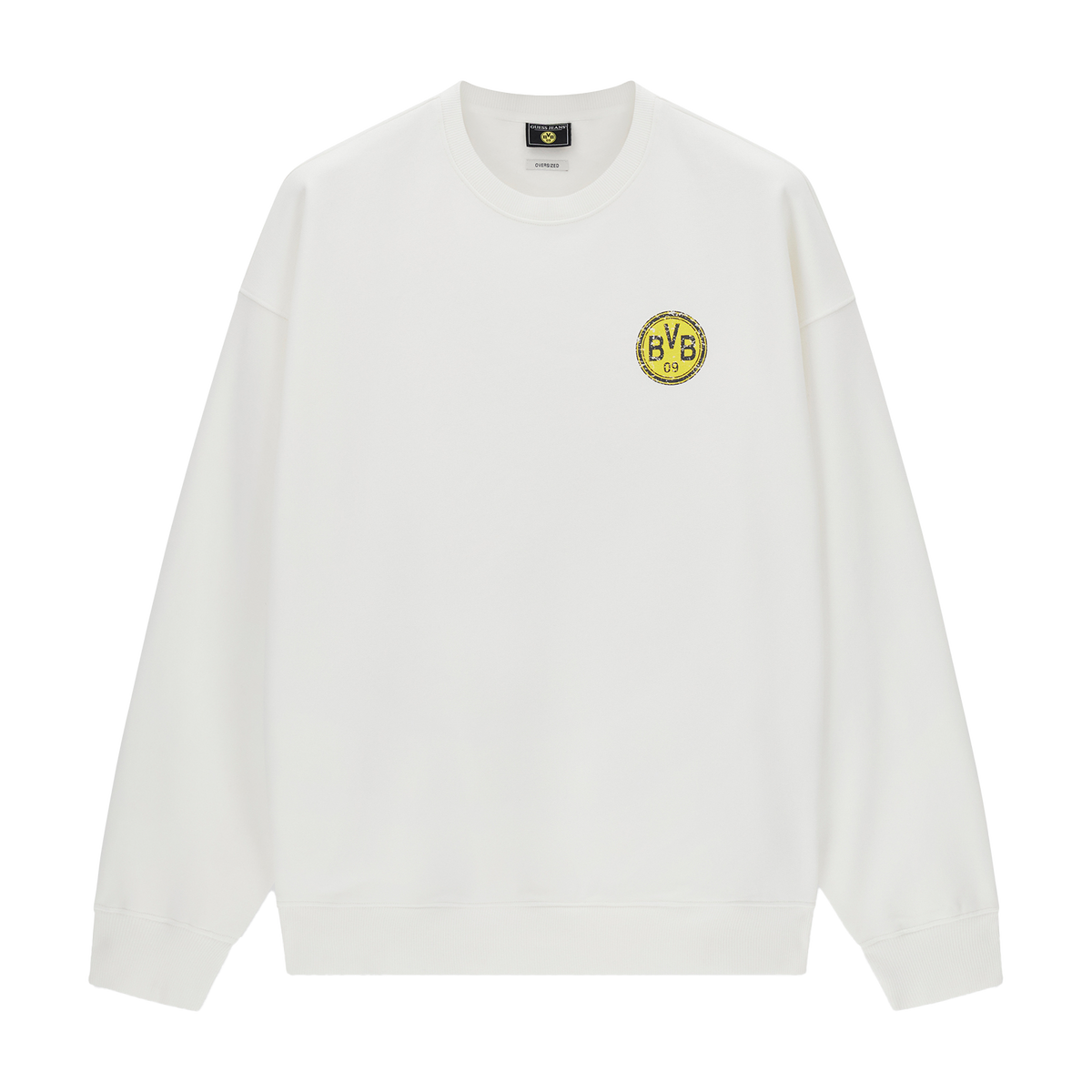 Weiße Vorderansicht eines Sweatshirts mit BVB-Emblem und schlichtem Design, perfekt für Fans von Borussia Dortmund.