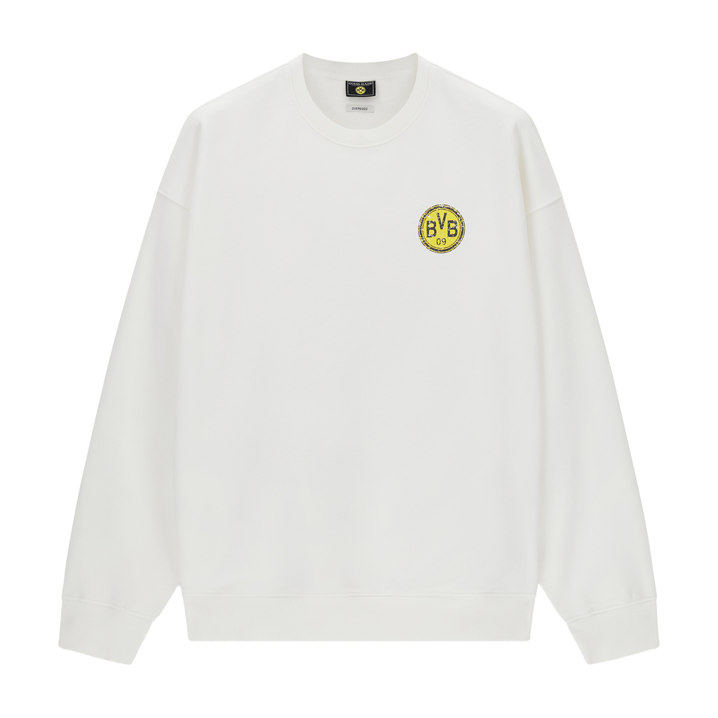 Vue de face blanche d'un sweat-shirt orné de l'emblème du BVB et au design épuré, parfait pour les supporters du Borussia Dortmund.