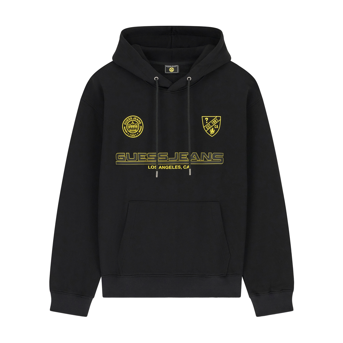 Black hoodie with yellow Guess Jeans logos, front view.