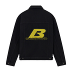 Schwarze BVB x Guess Jeansjacke mit großem gelben B-Dortmund-Logo auf der Rückseite. Perfektes Fanartikel für Borussia Dortmund Anhänger.