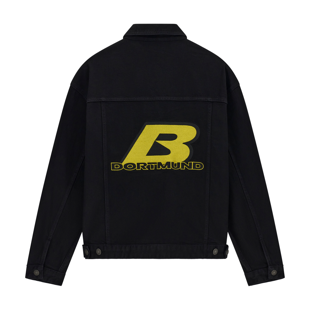 Black BVB x Guess denim jacket with a large yellow "B-Dortmund" logo on the back. The perfect fan item for Borussia Dortmund supporters.