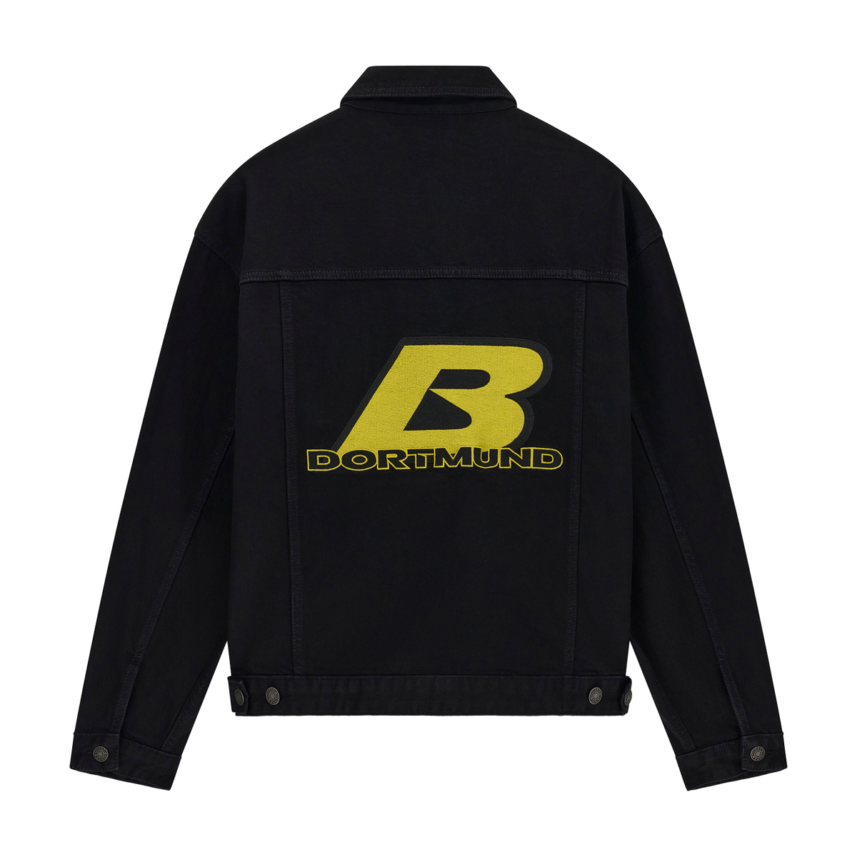 Schwarze BVB x Guess Jeansjacke mit großem gelben B-Dortmund-Logo auf der Rückseite. Perfektes Fanartikel für Borussia Dortmund Anhänger.