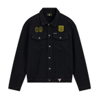 Schwarze BVB x Guess Jeansjacke mit Knopfleiste, gelbem BVB-Logo und der Zahl 09 auf der Vorderseite. Perfekt für Fans von Borussia Dortmund.