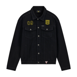 Veste en jean noire BVB x Guess avec patte de boutonnage, logo BVB jaune et le chiffre 09 sur le devant. Parfaite pour les fans du Borussia Dortmund.