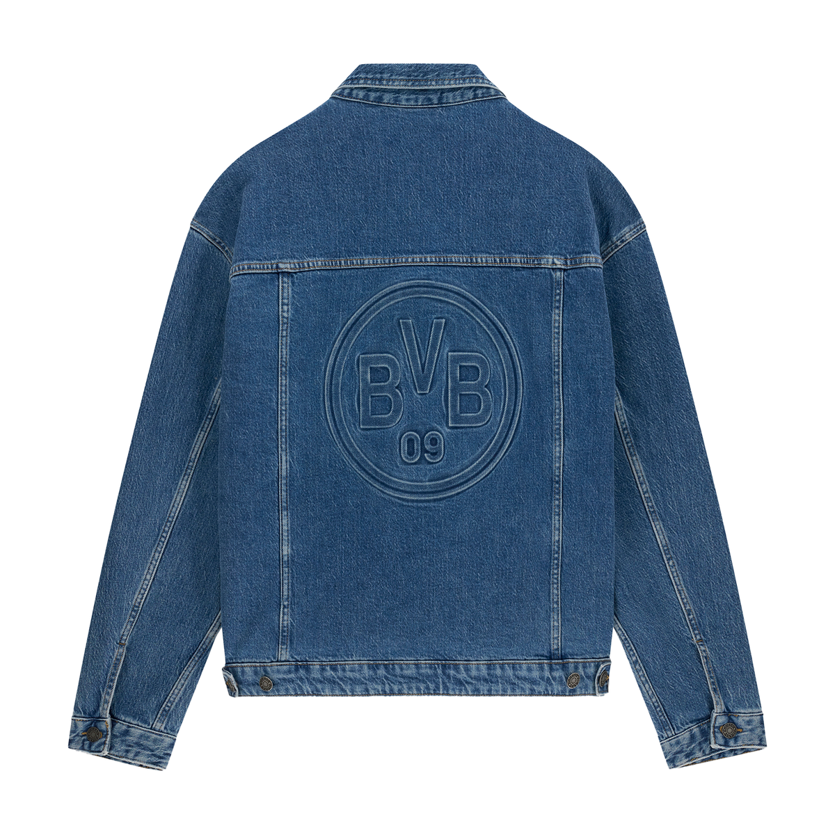 Rückansicht einer blauen BVB 09 Jeansjacke mit großem eingesticktem BVB-Logo in der Rückenmitte.