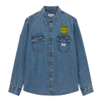 胸元にBVBのロゴと「Guess Jeans」の文字が入ったデニムシャツの正面からの写真。