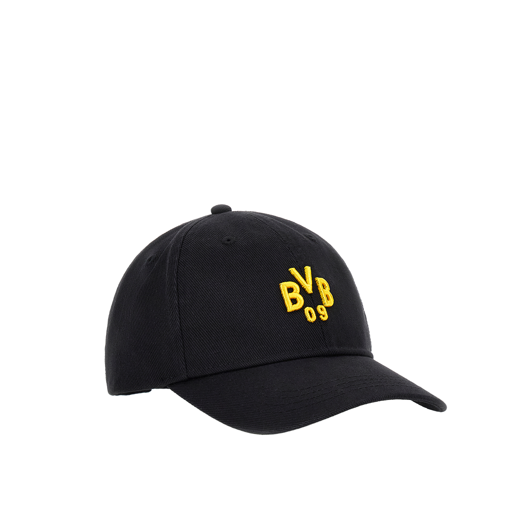 Schwarze BVB-Kappe mit auffälligem gelbem BVB 09-Logo, ideal als Fanartikel für Borussia Dortmund-Fans.